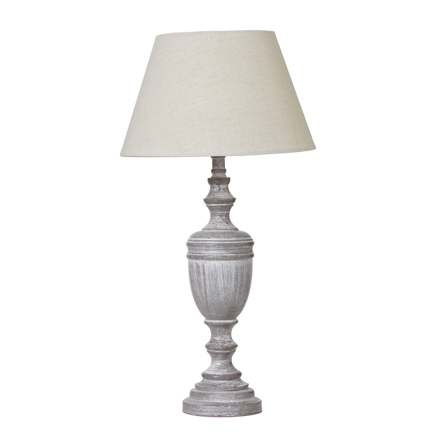 Table lamp with a textured gray base and beige lampshade on a white background