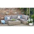 Outdoor patio set with sectional sofa, coffee table, and decorative elements against a brick wall.