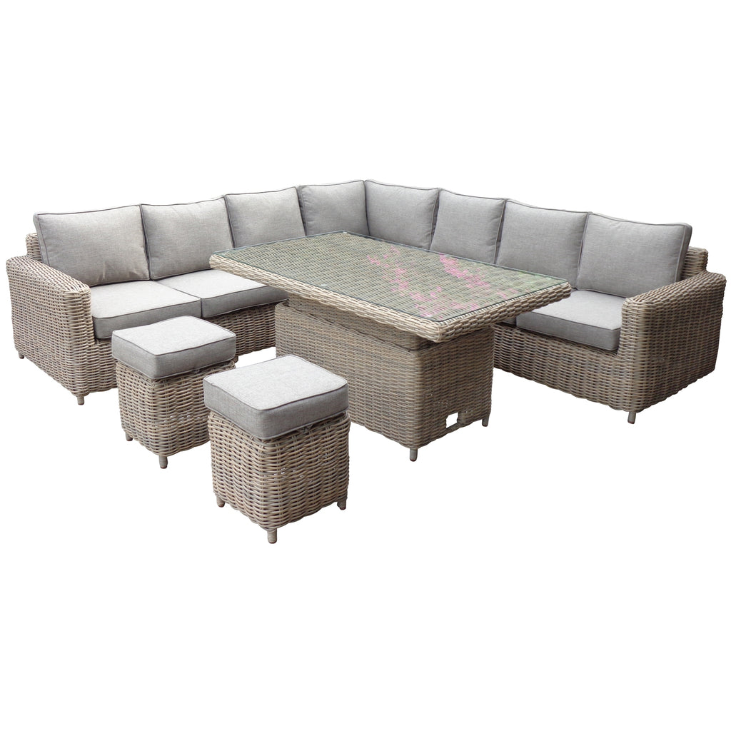 Outdoor furniture set with a sectional sofa and table on a white background