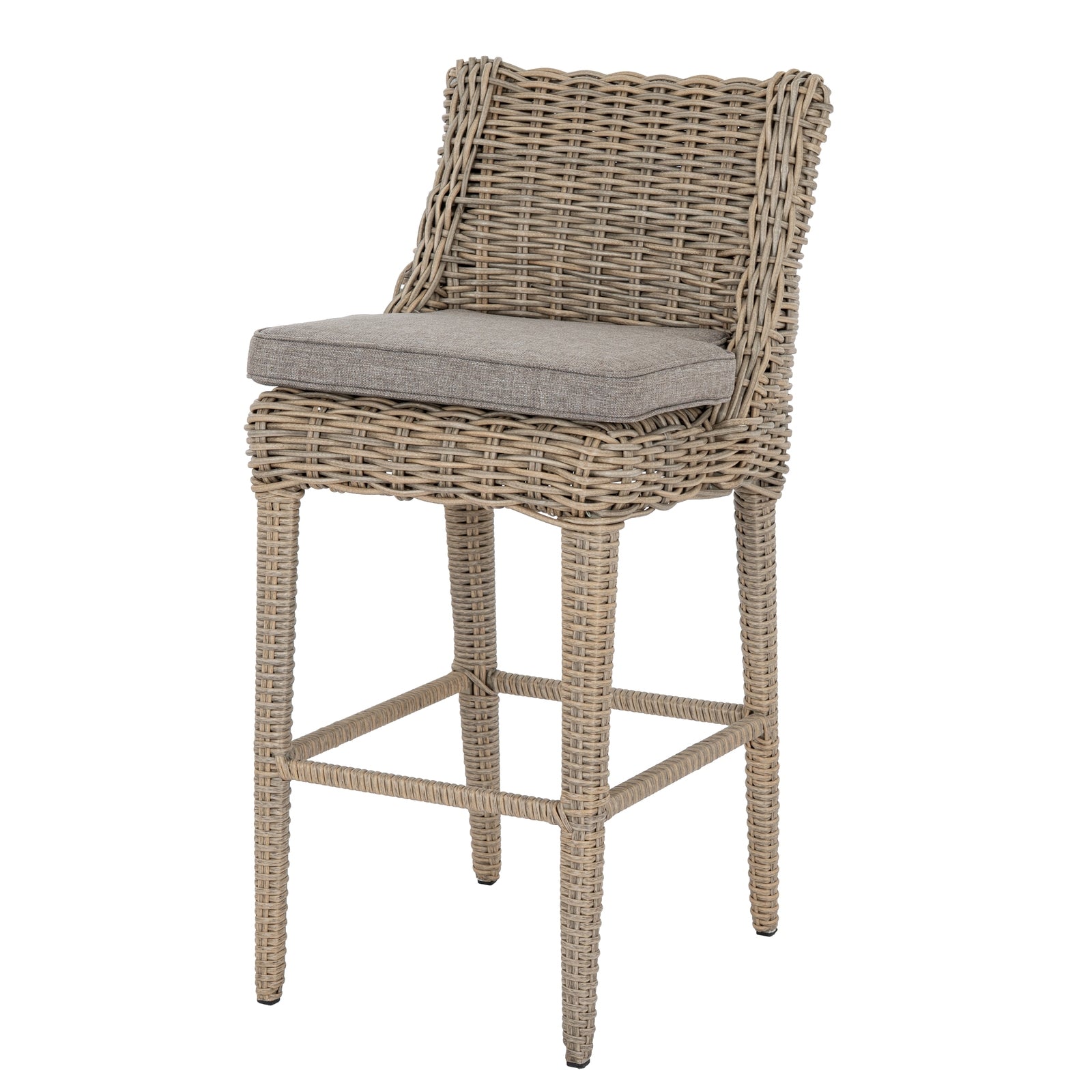 Wicker bar stool with a gray cushion on a white background