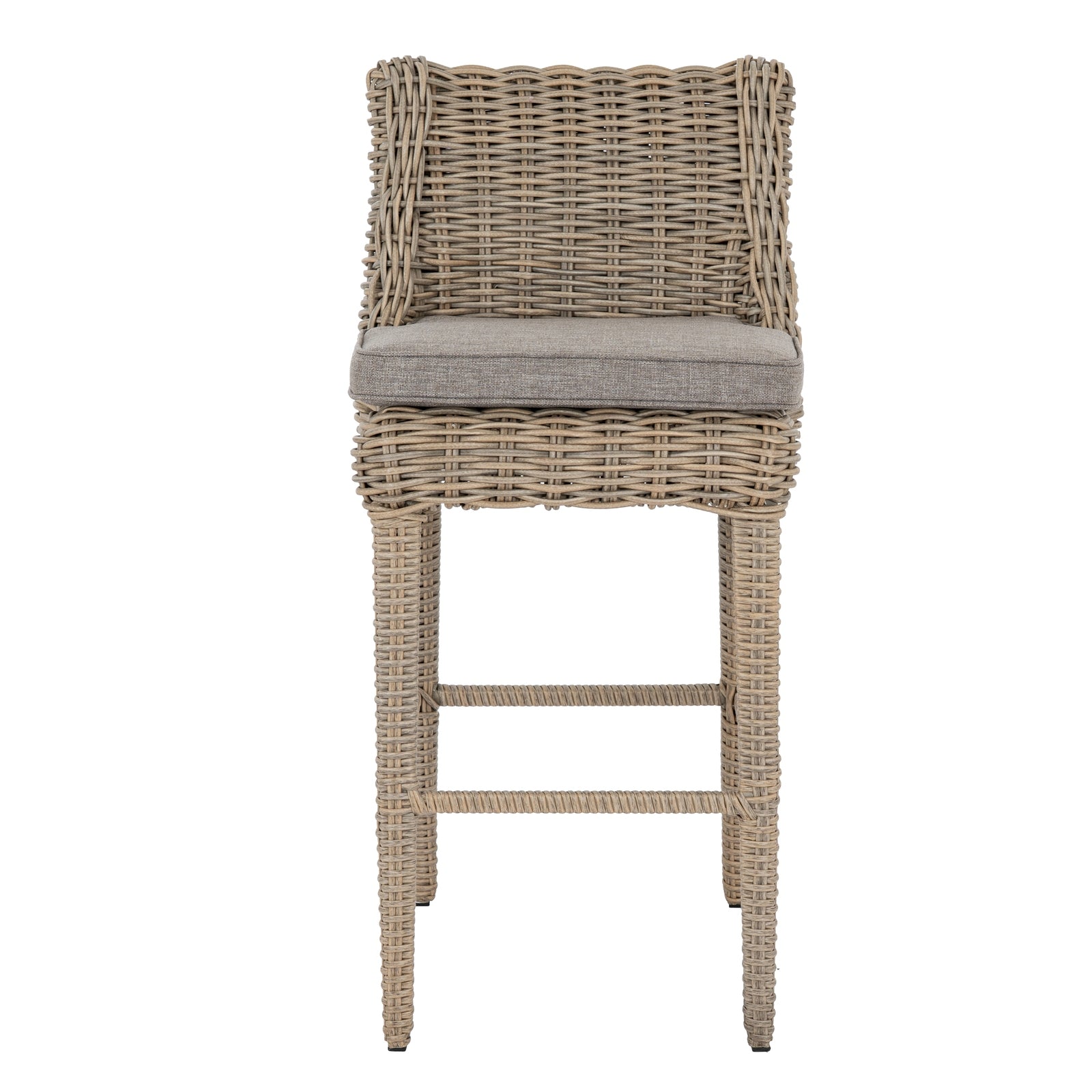 Wicker bar stool with a gray cushion on a white background