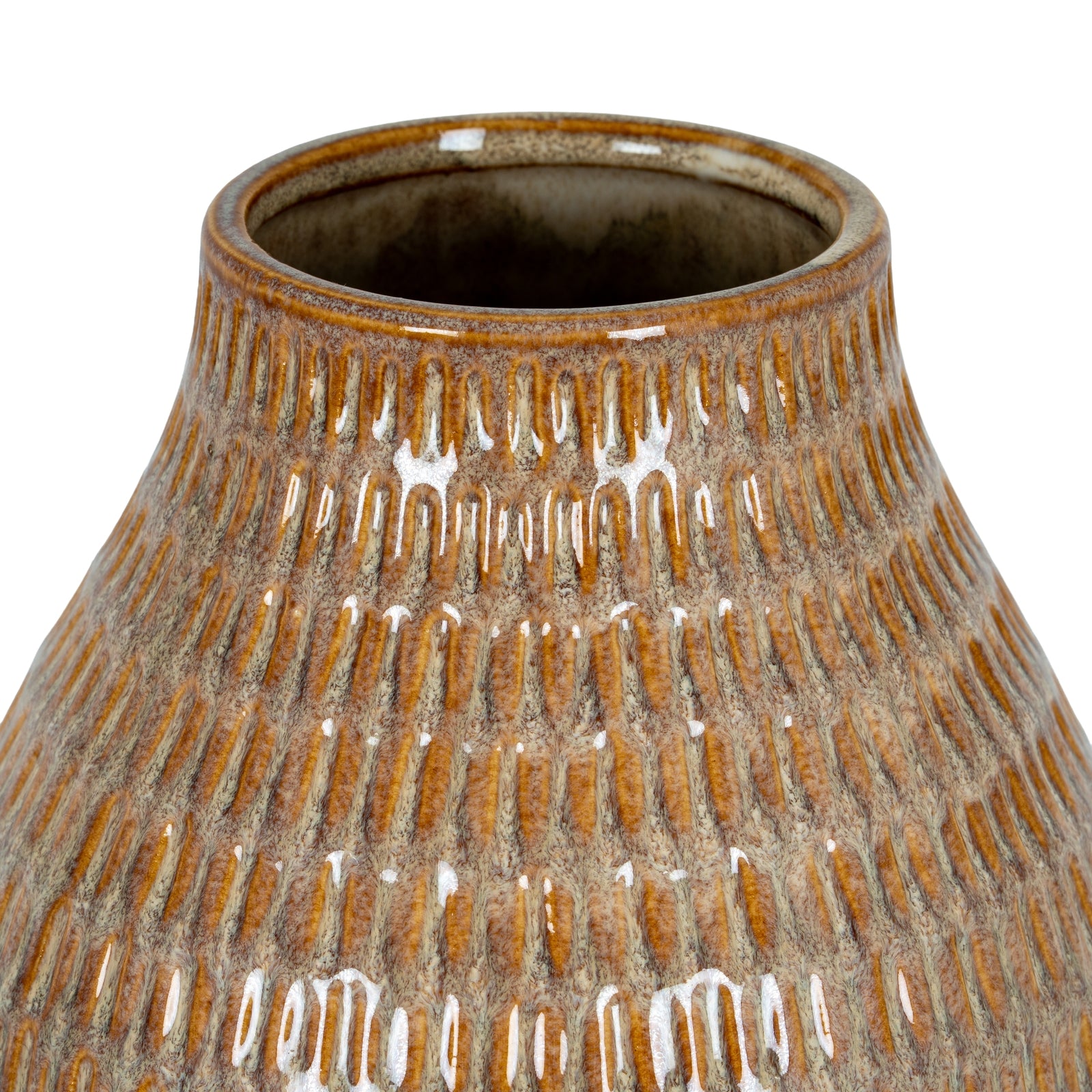Close-up of a textured ceramic vase with brown and beige patterns on a white background