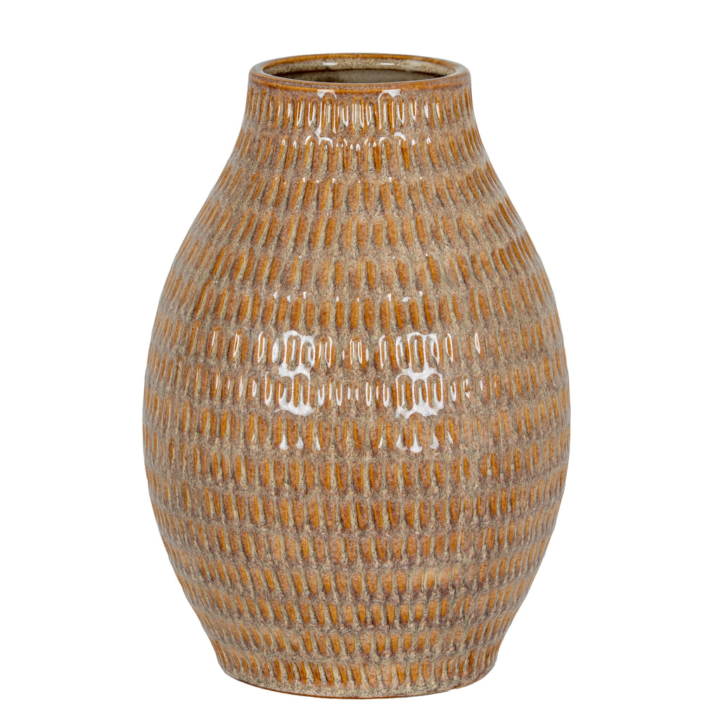 Textured brown ceramic vase on a white background