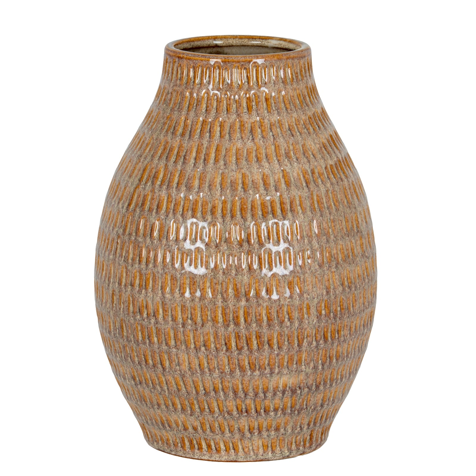 Textured brown ceramic vase on a white background