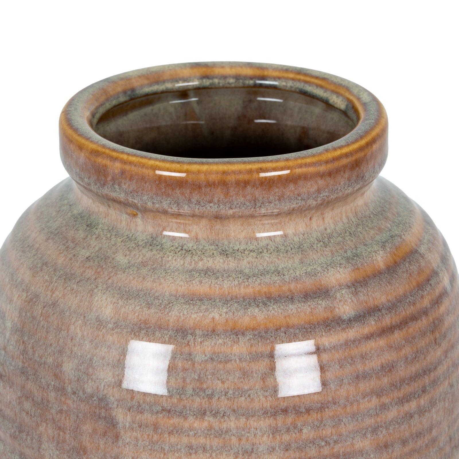Close-up of a ceramic vase with brown and gray glaze on a white background
