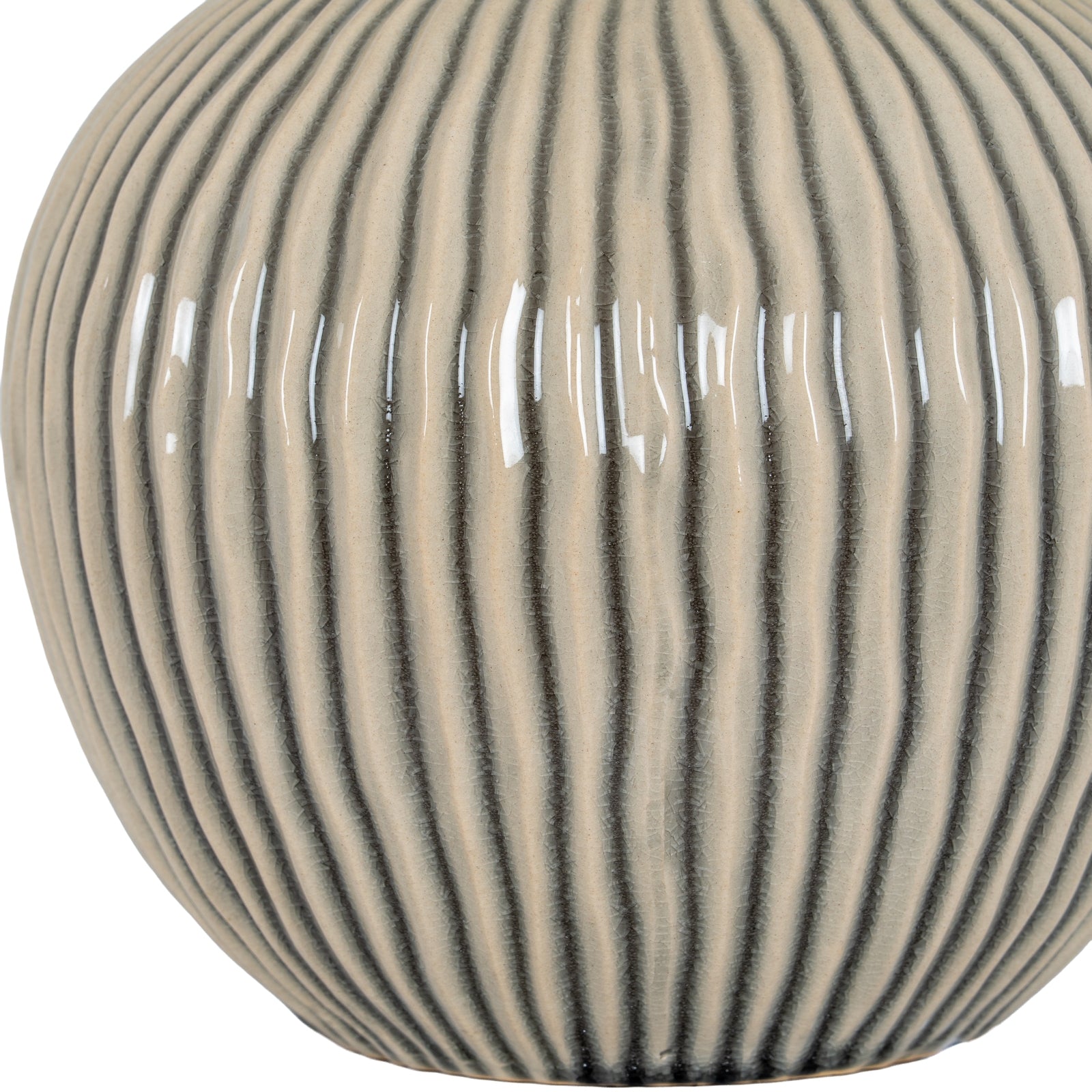 Round ceramic vase with ribbed texture and black stripes on a white background