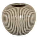 Beige ceramic vase with ribbed texture on a white background