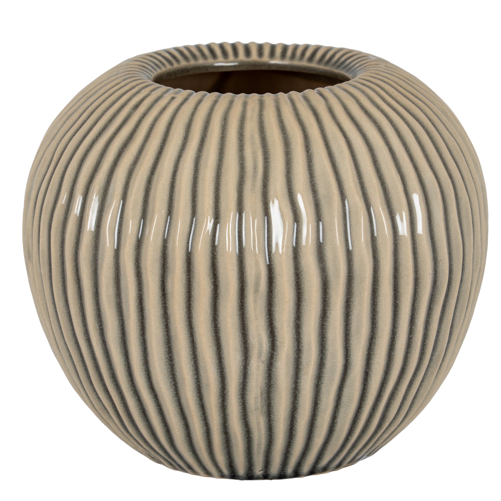 Beige ceramic vase with ribbed texture on a white background