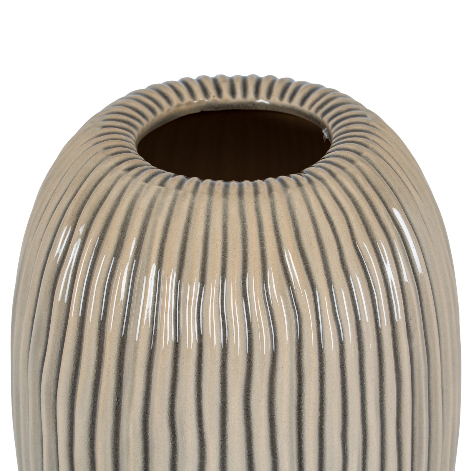Beige ceramic vase with ribbed texture on a white background