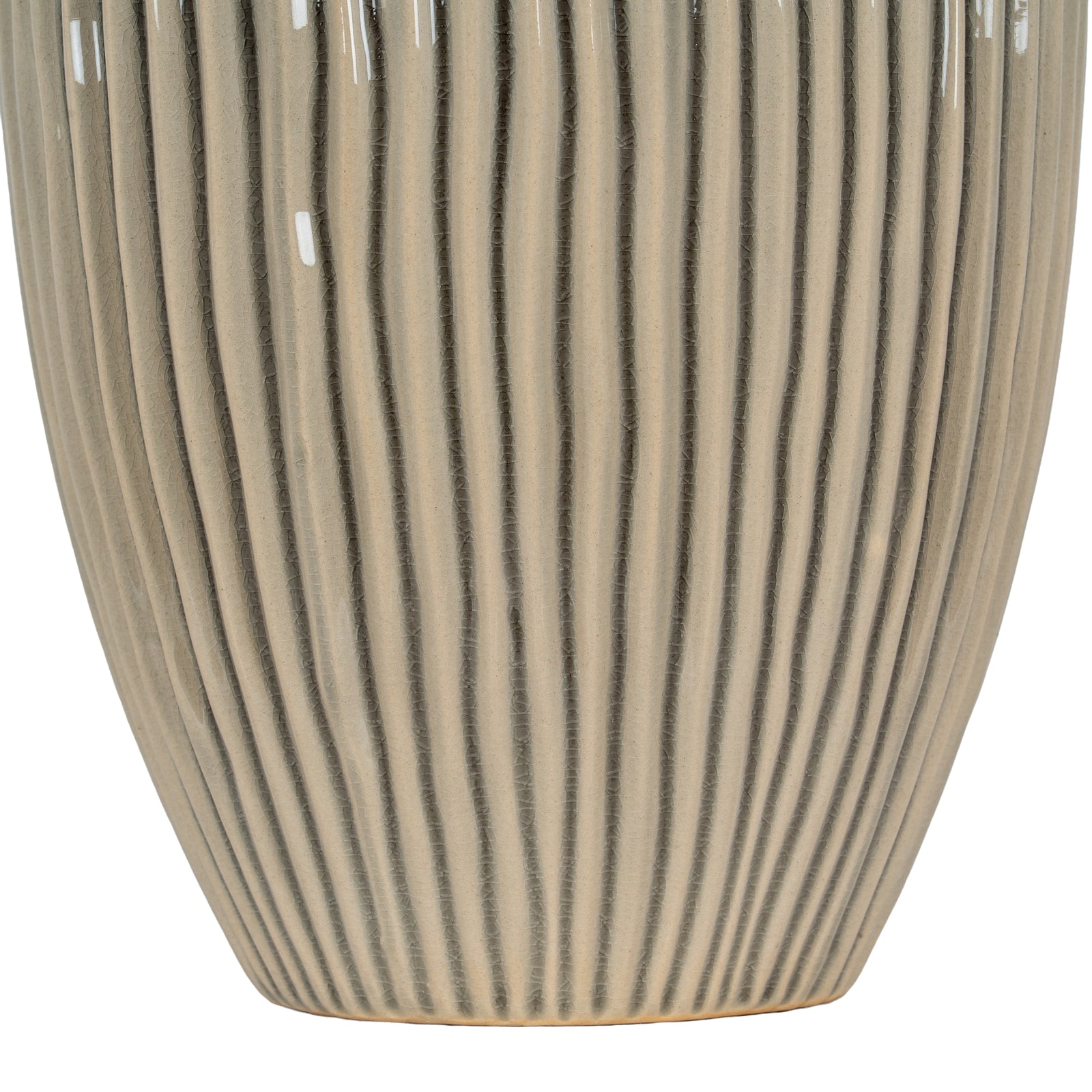 Cylindrical ceramic vase with ribbed texture and black vertical stripes on a white background