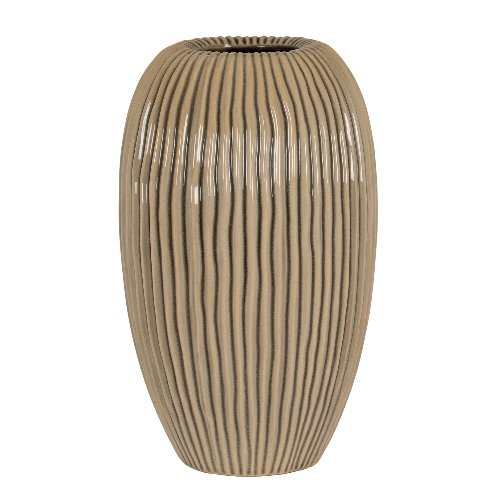Beige ribbed vase on a white background