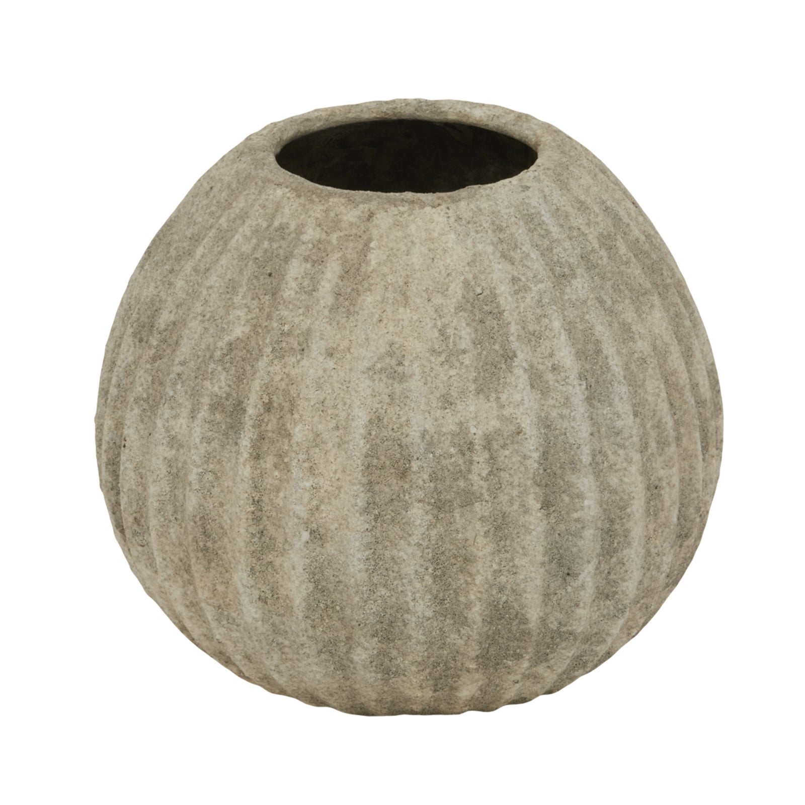 Round textured stone-like vase on a white background