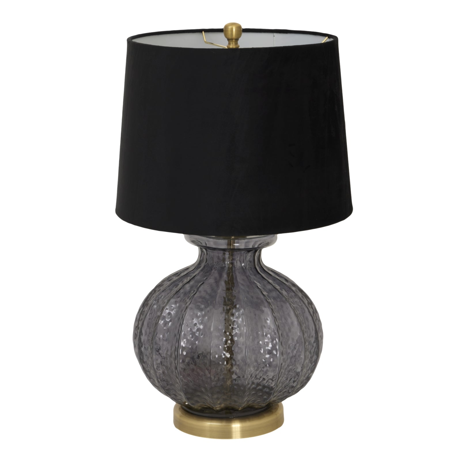 Table lamp with black shade and textured glass base on a white background