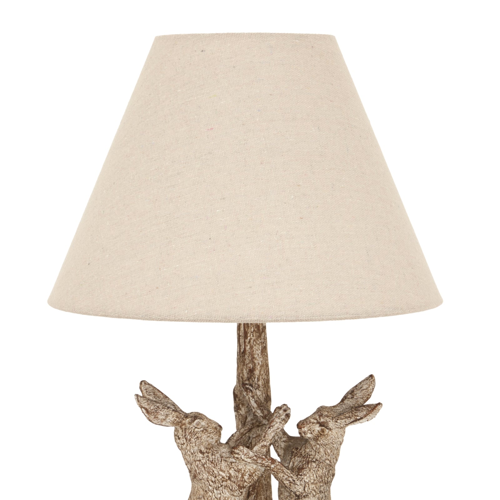 Table lamp with natural wood base and beige lampshade on a white background