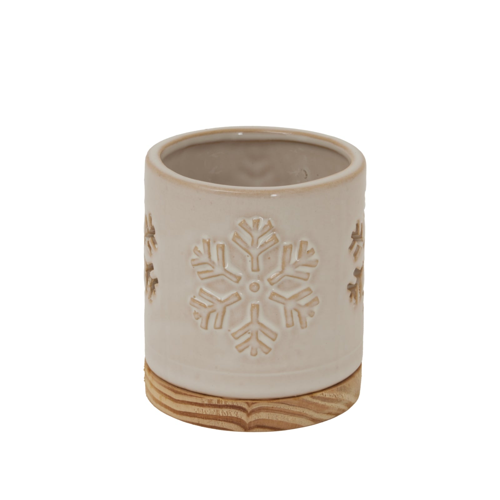 Alora Ceramic Snowflake Candle Holder On Wood Base
