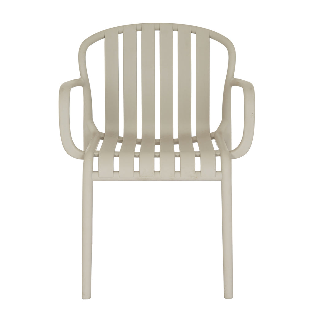 Beige chair with slatted design on a white background