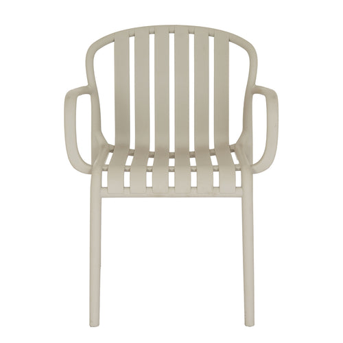Beige chair with slatted design on a white background