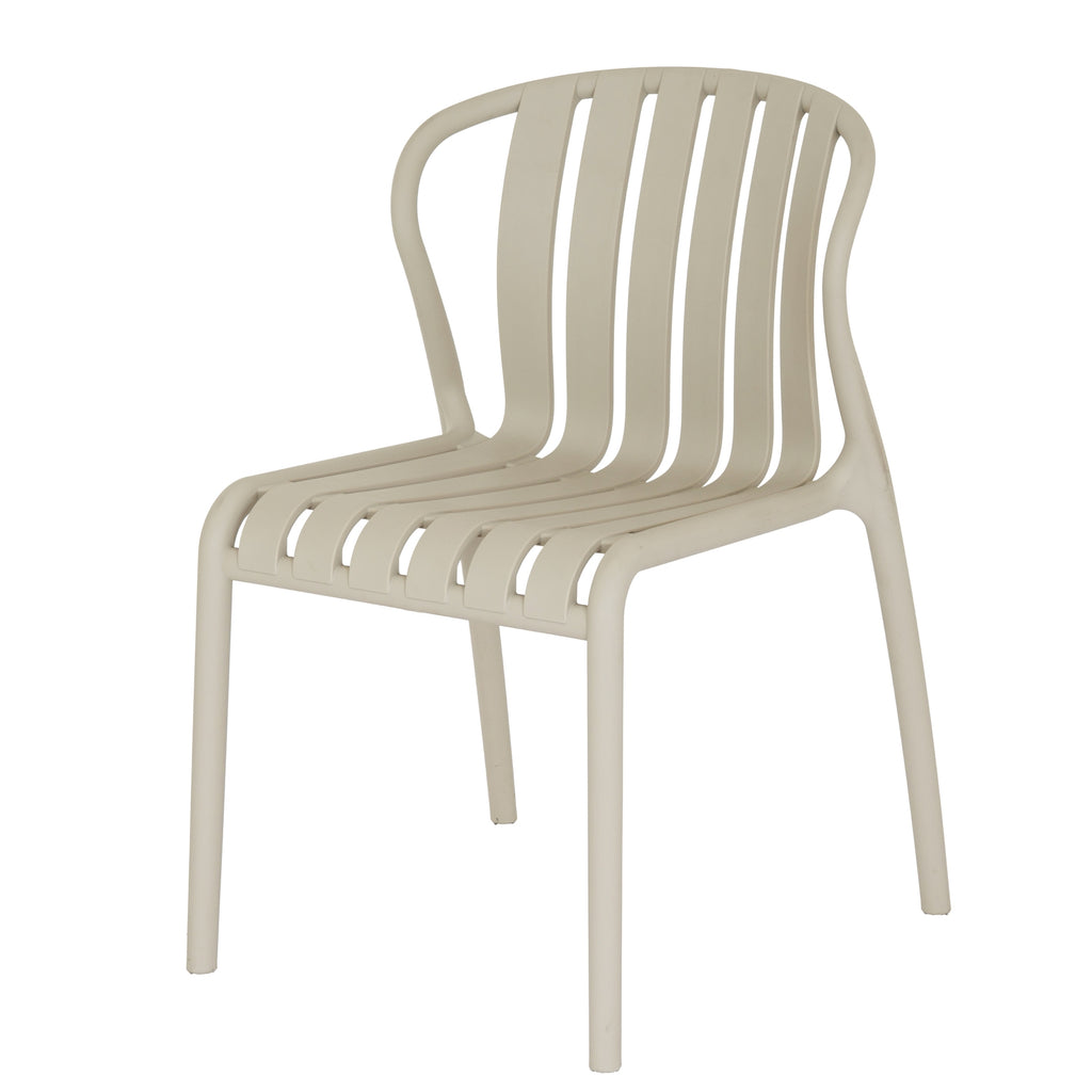 Beige chair with slatted design on a white background