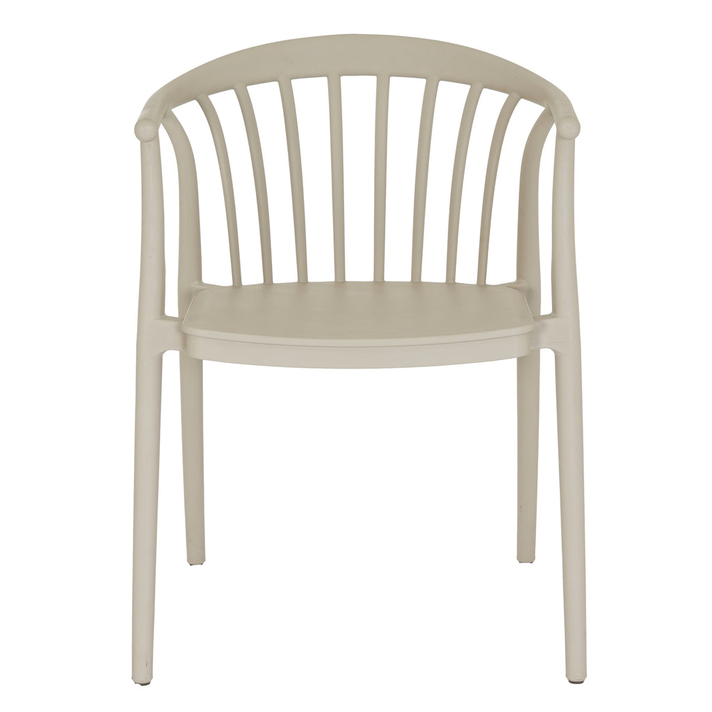 Beige chair with a slatted back design on a white background