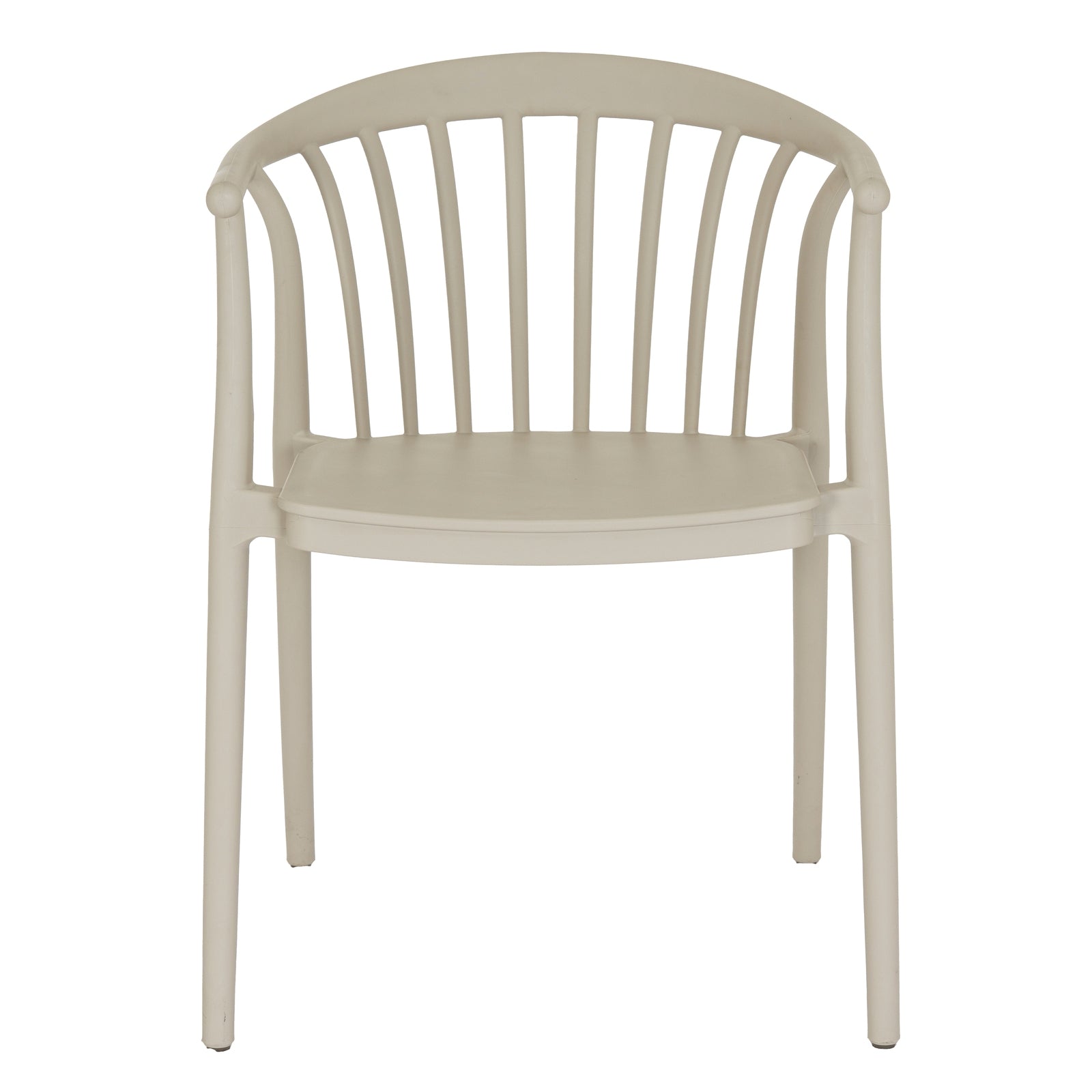 Beige chair with a slatted back design on a white background