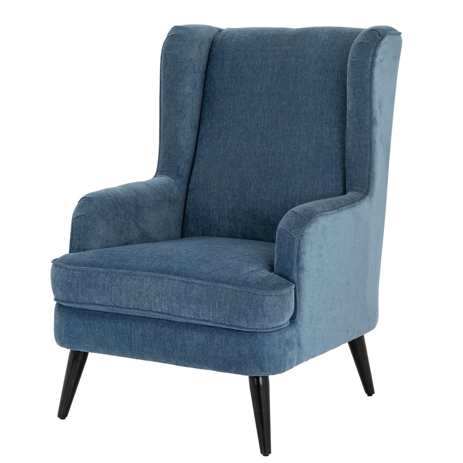 Blue armchair with wingback design on a white background
