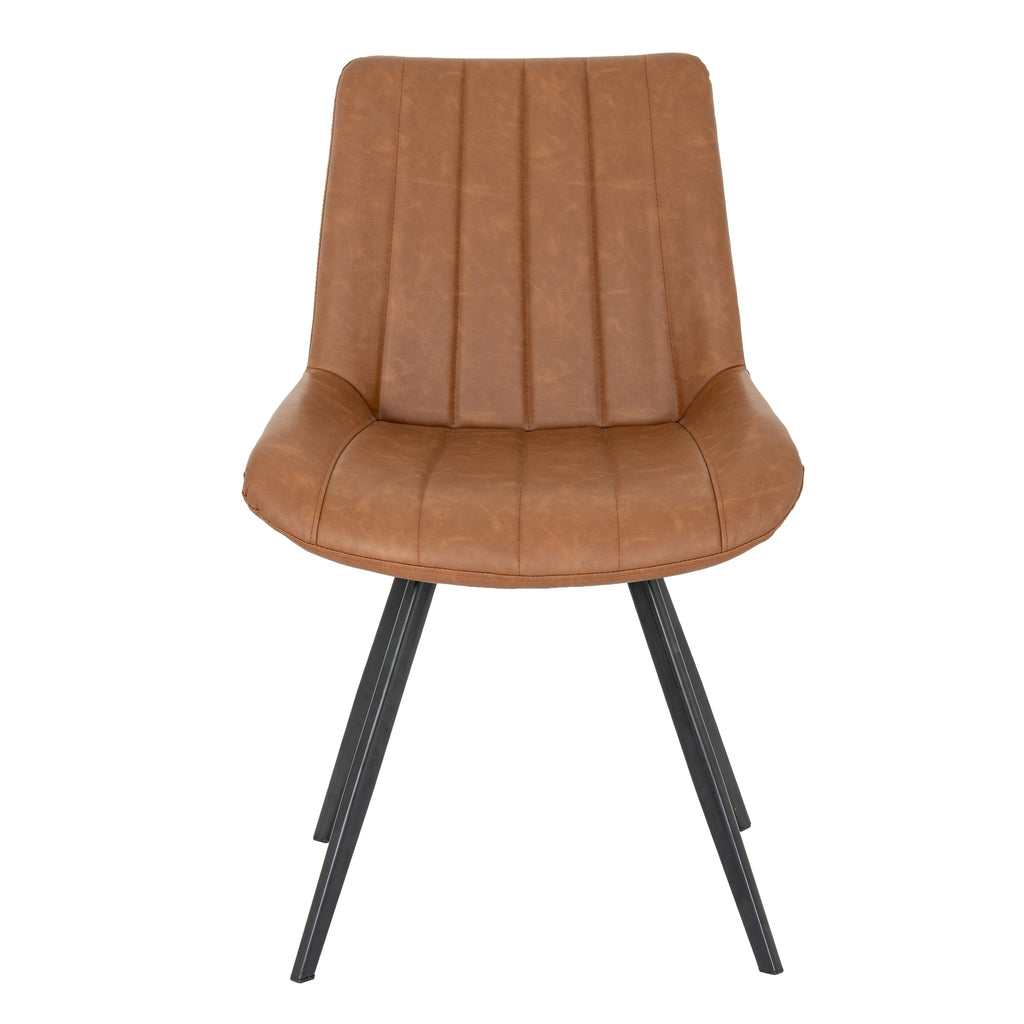 Brown leather chair with black metal legs on a white background