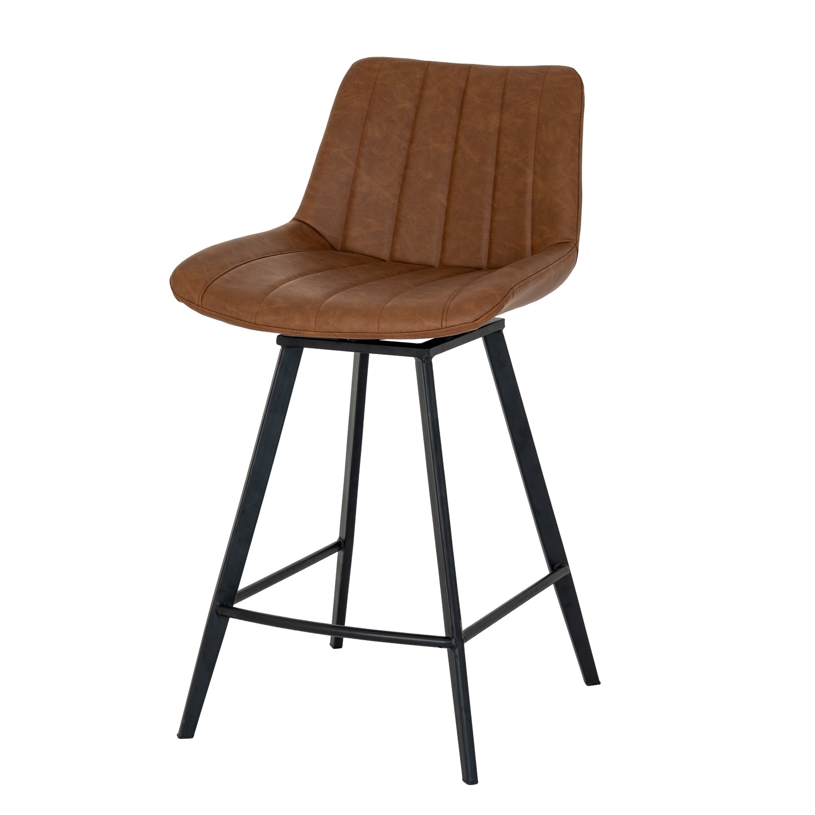 Brown leather bar stool with black metal legs on a white background