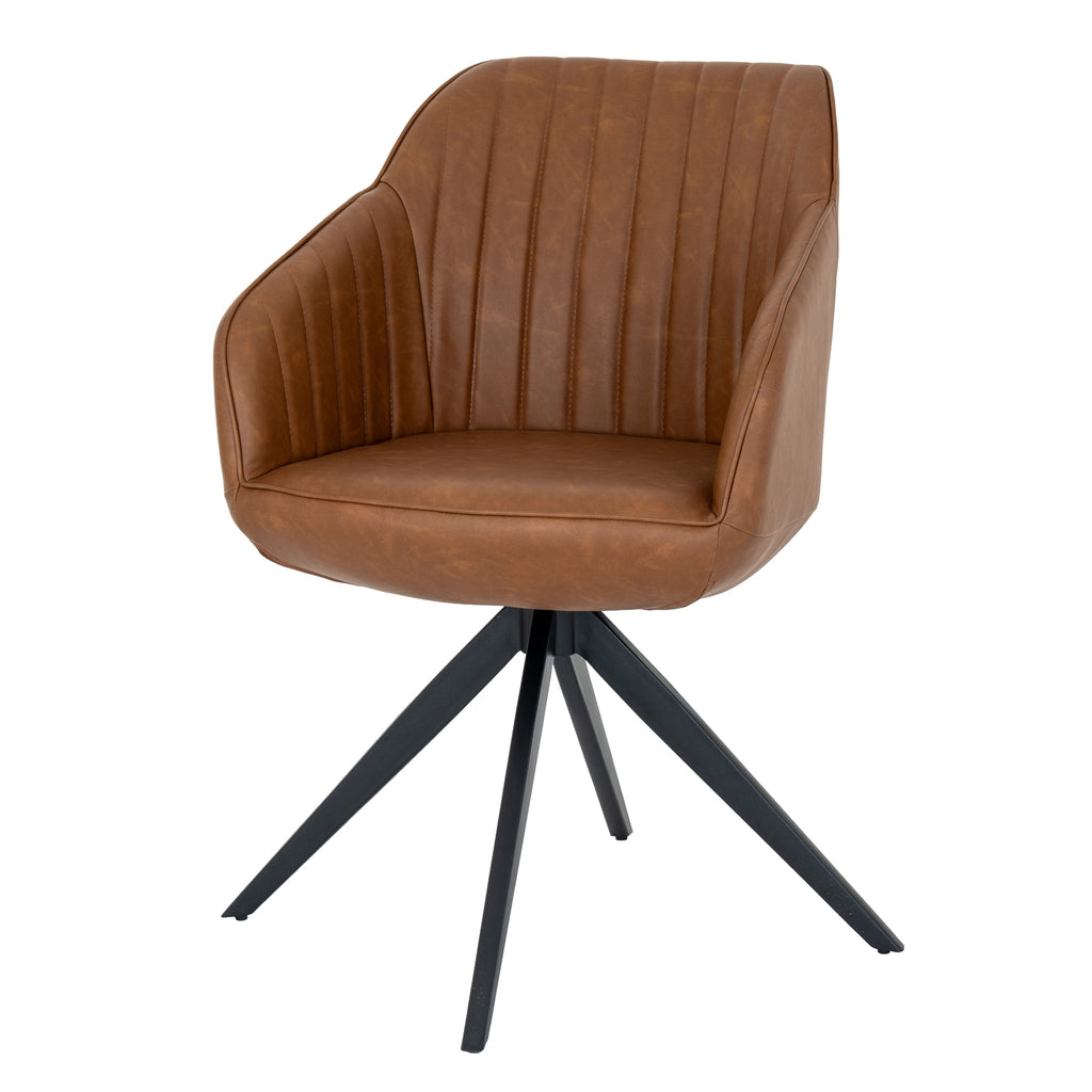 Brown leather chair with black metal base on a white background