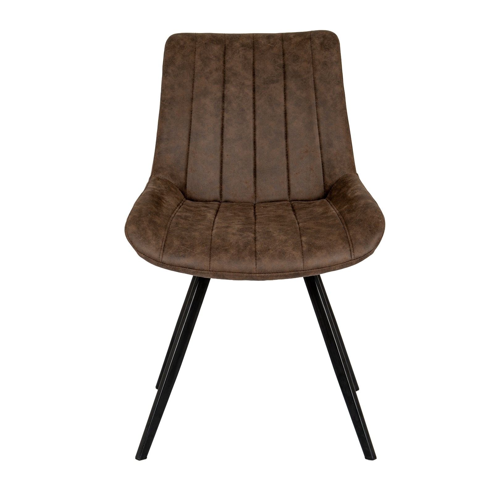 Brown upholstered chair with black legs on a white background