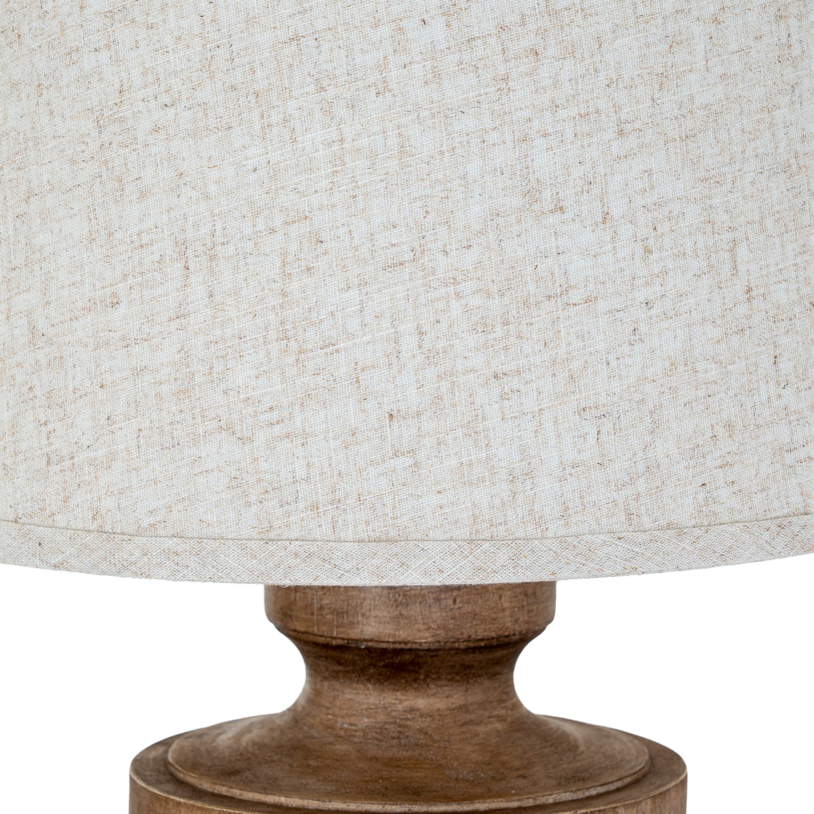 Close-up of a lamp with a textured beige shade and wooden base on a white background