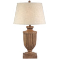 Wooden table lamp with a beige lampshade on a white background