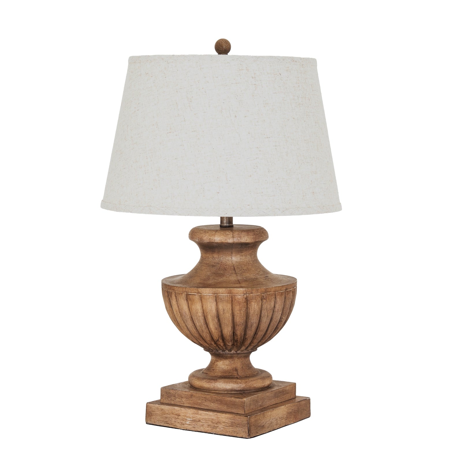 Wooden table lamp with a white lampshade on a white background
