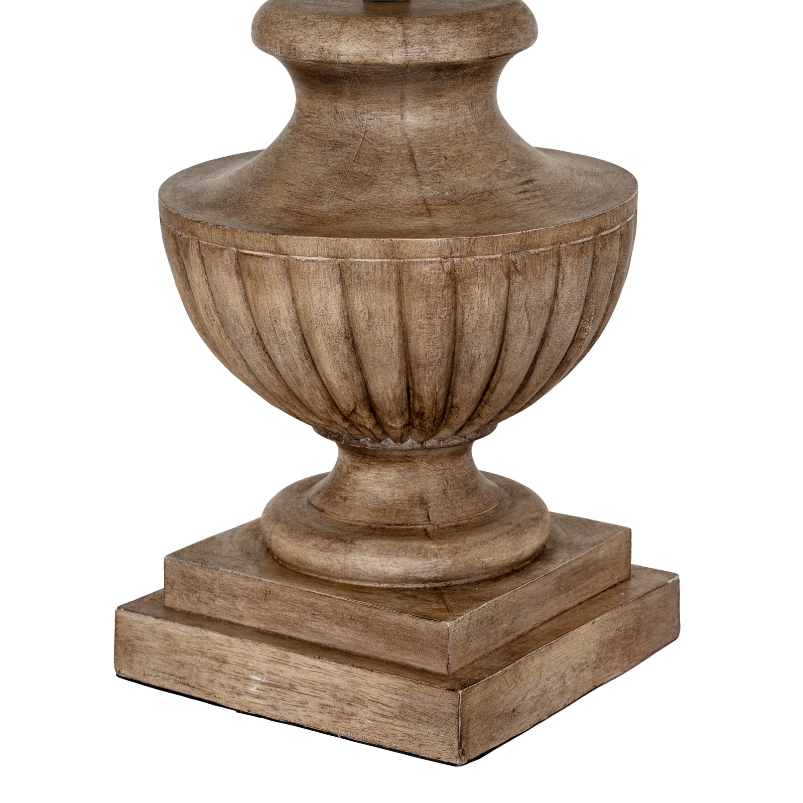 Wooden urn with a square base on a white background