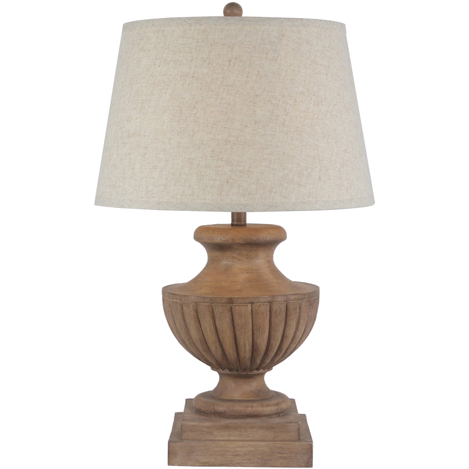 Table lamp with wooden base and beige lampshade on a white background