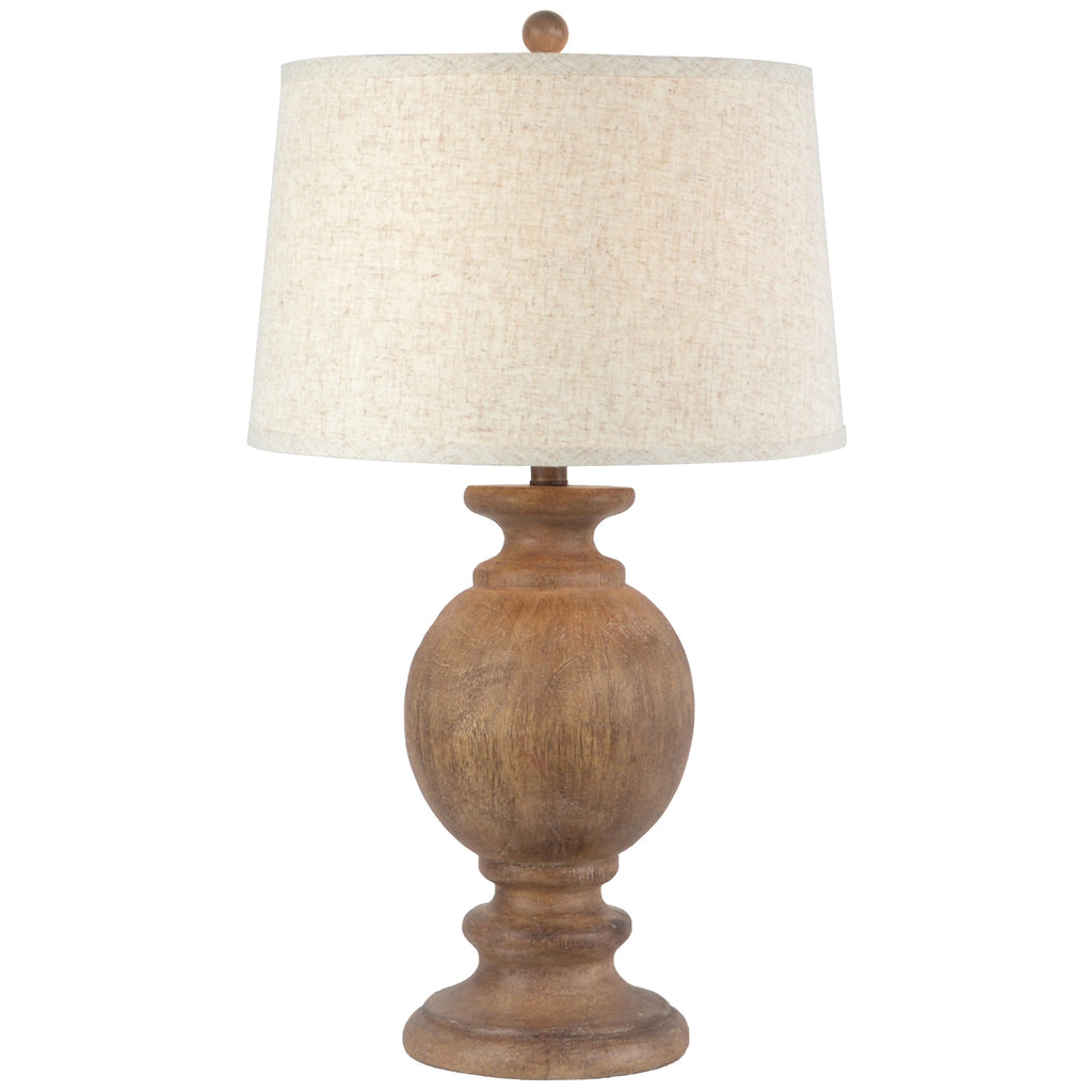 Wooden table lamp with a beige lampshade on a white background