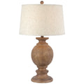 Wooden table lamp with a beige lampshade on a white background