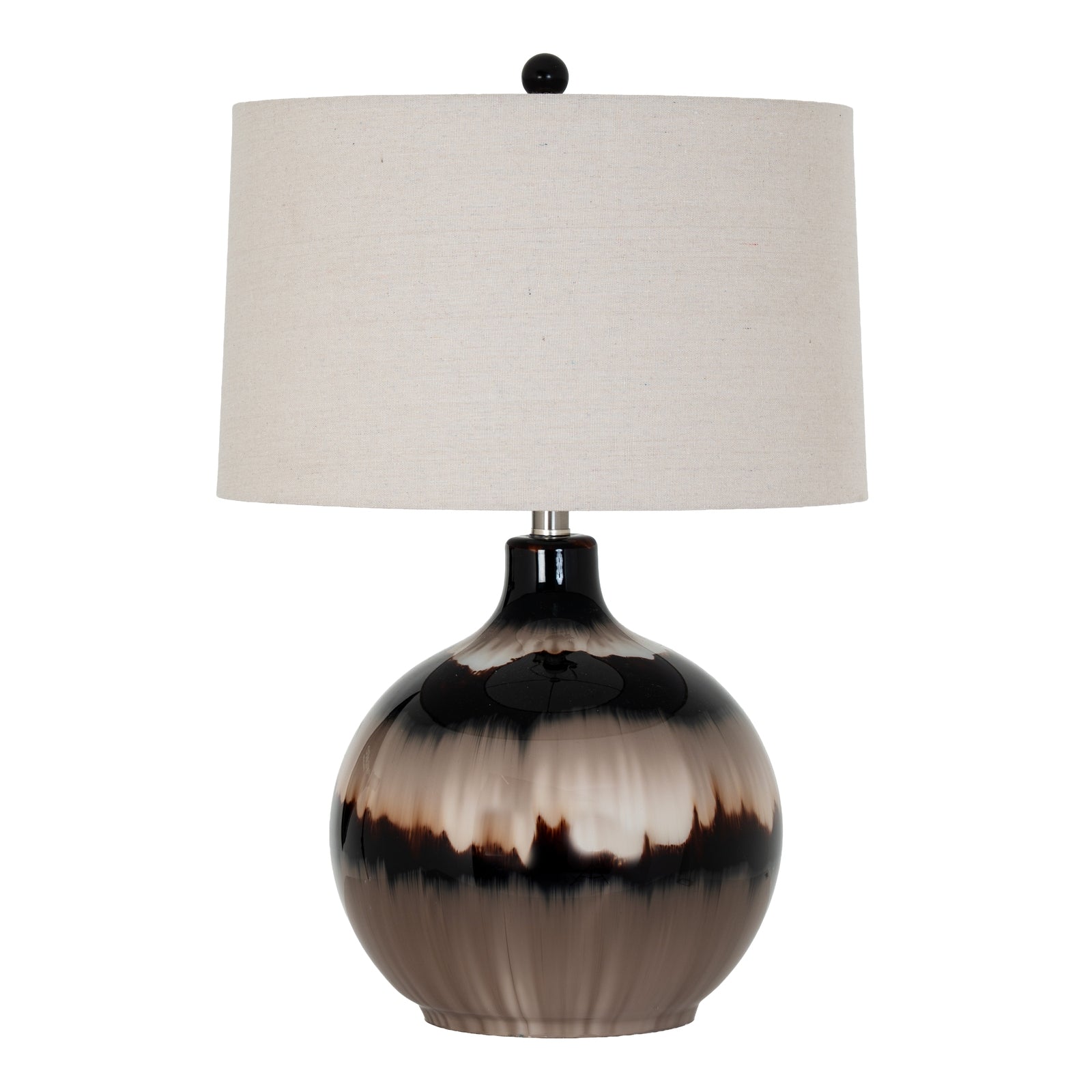 Table lamp with a black and brown ceramic base and a white lampshade on a white background