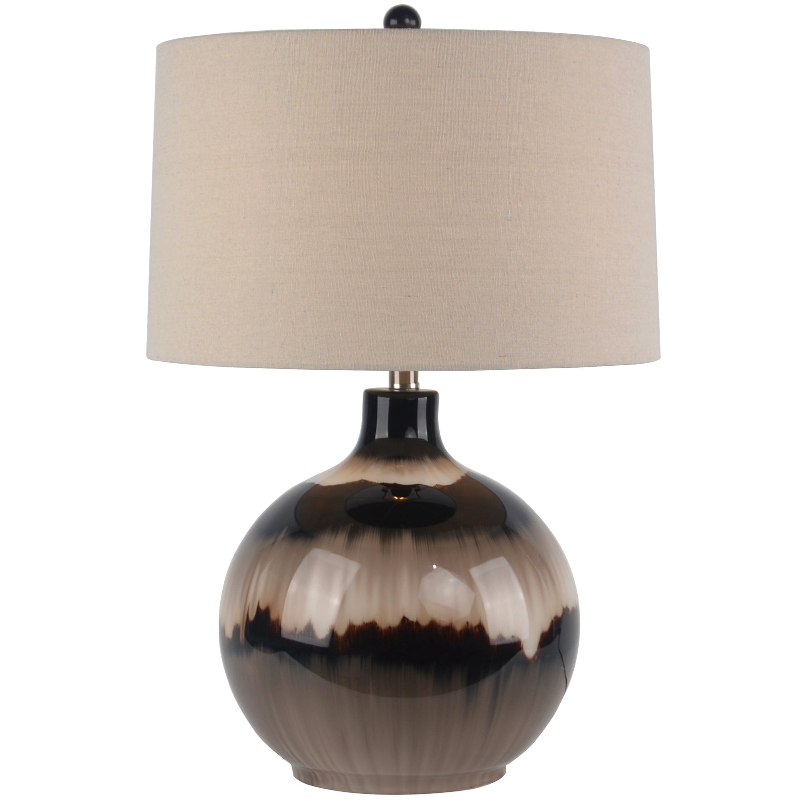 Table lamp with a ceramic base and beige fabric shade on a white background