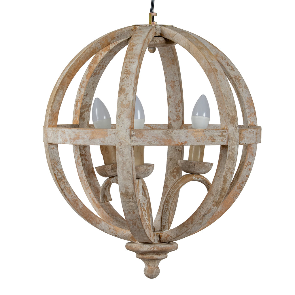 Wooden spherical chandelier with three candle-like lights on a white background