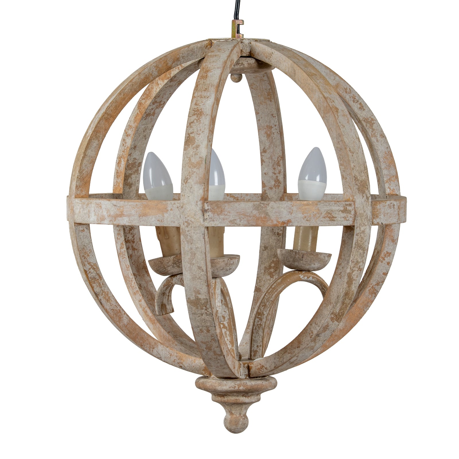 Wooden spherical chandelier with three candle-like lights on a white background