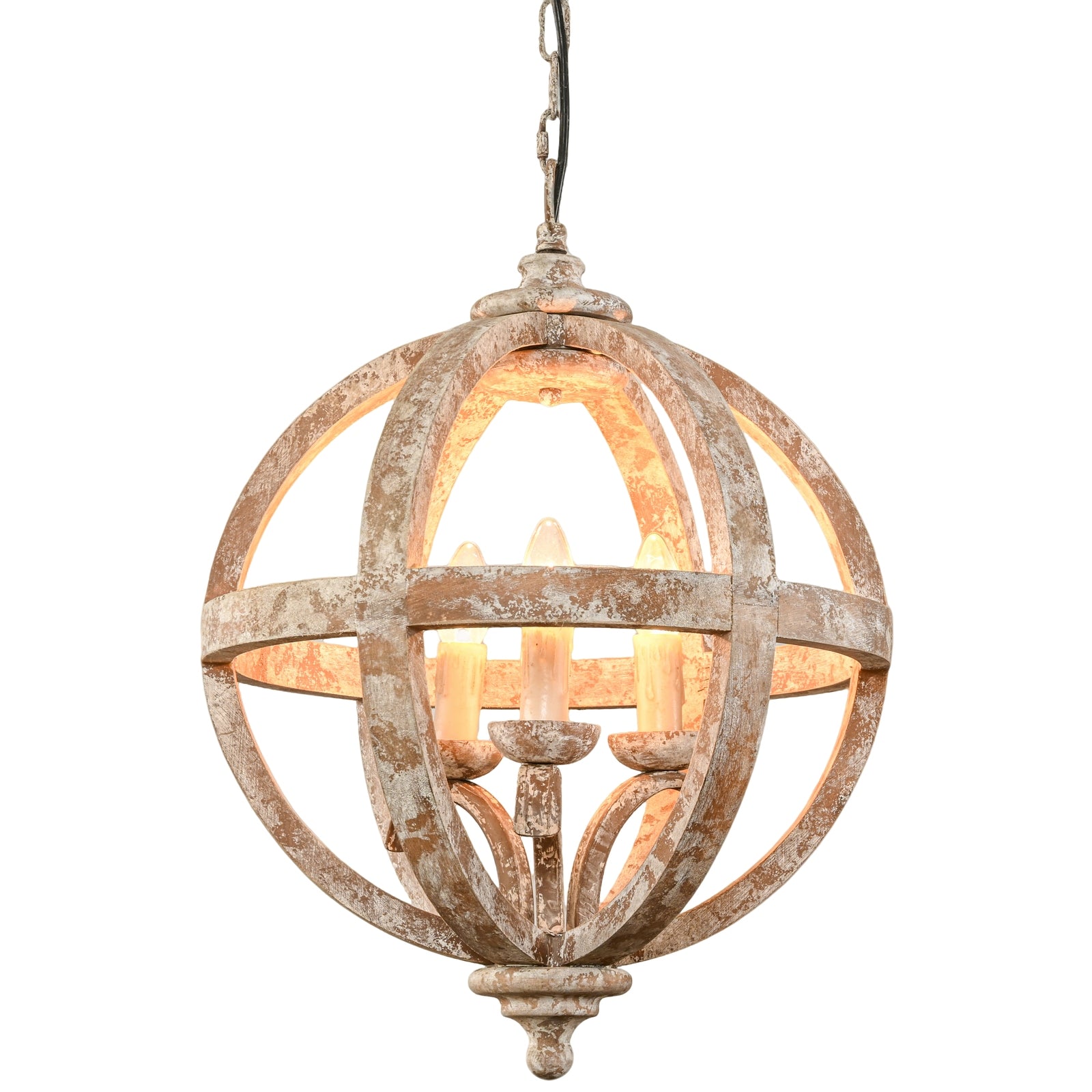 Decorative spherical pendant light with a rustic finish on a white background