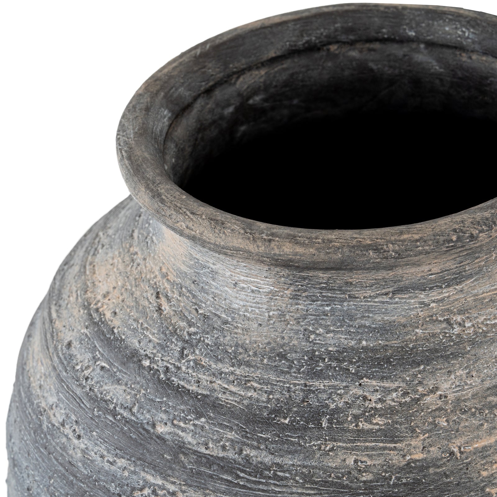 Close-up of a black ceramic pot with a textured surface on a white background