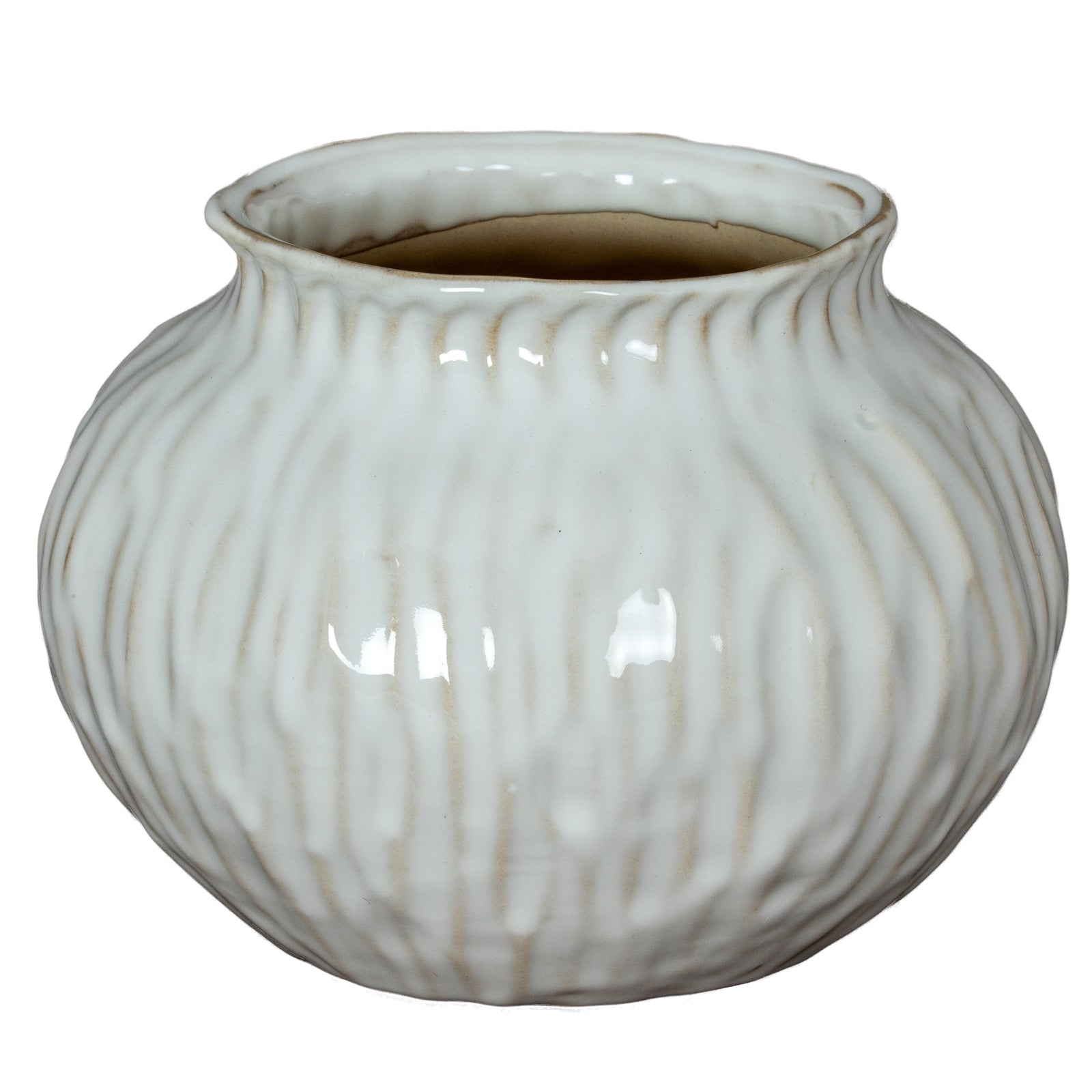 White ceramic vase with ribbed texture on a white background