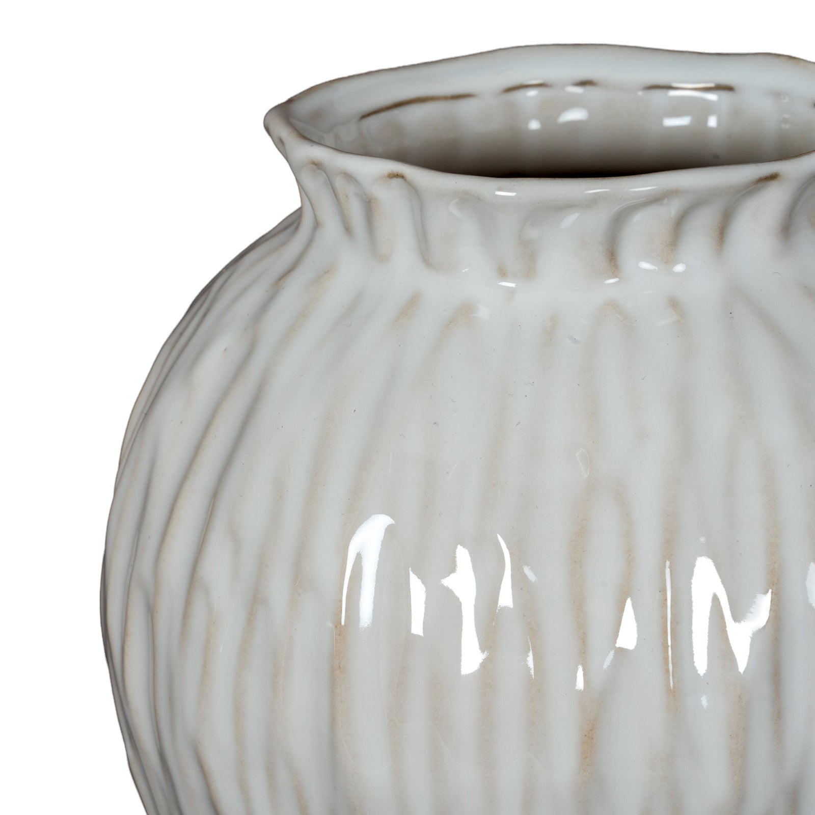 White ceramic vase with ribbed texture on a white background