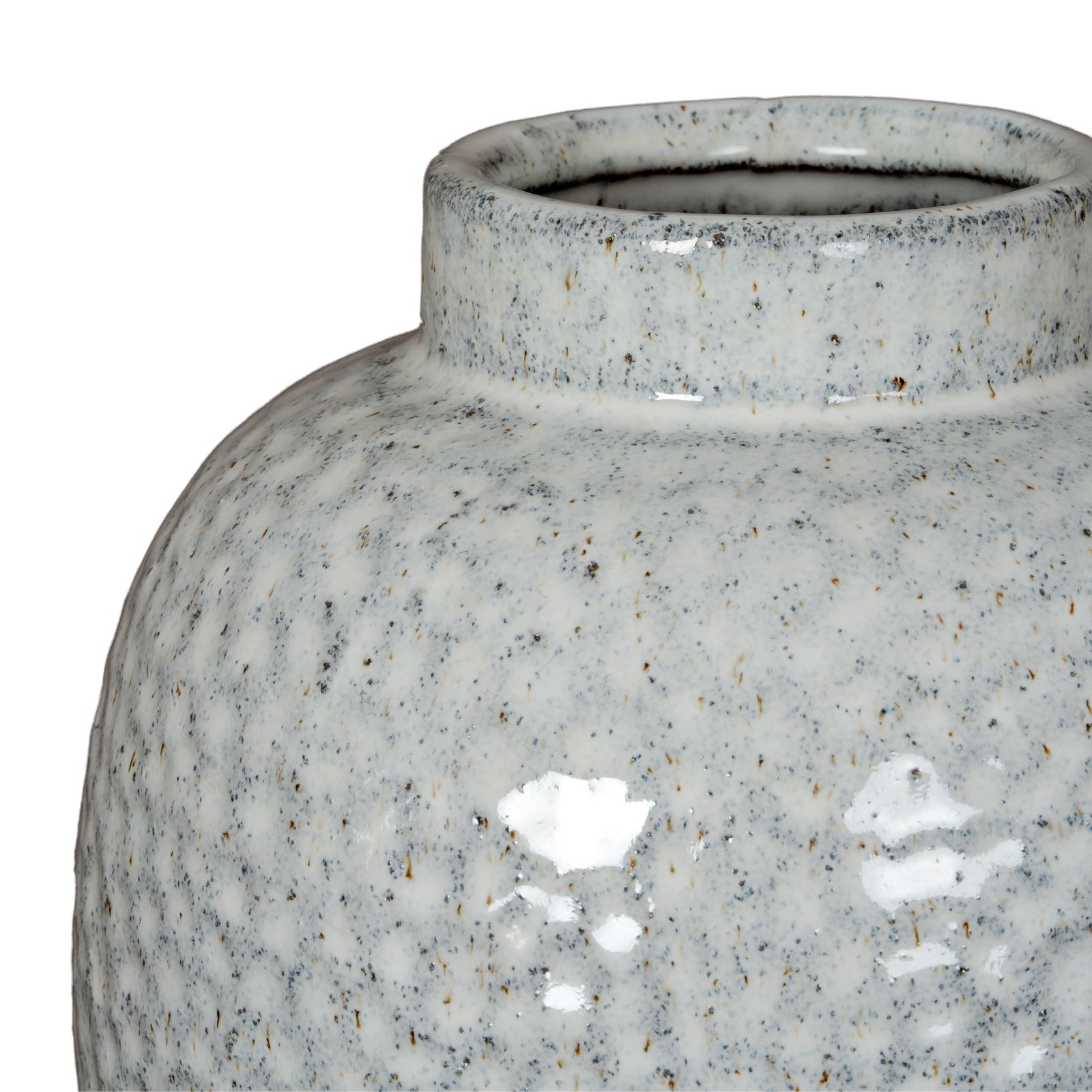 Close-up of a textured gray ceramic jar on a white background