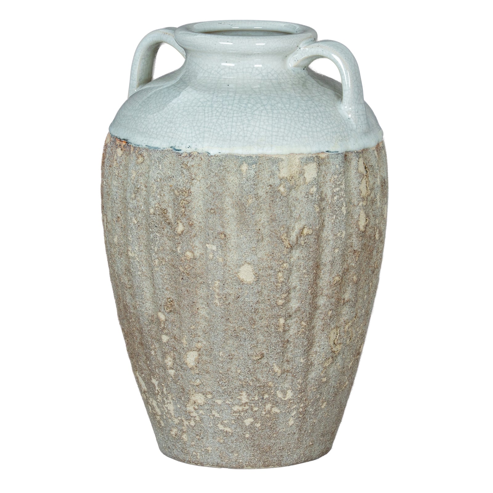 Ceramic vase with textured body and light blue top on a white background