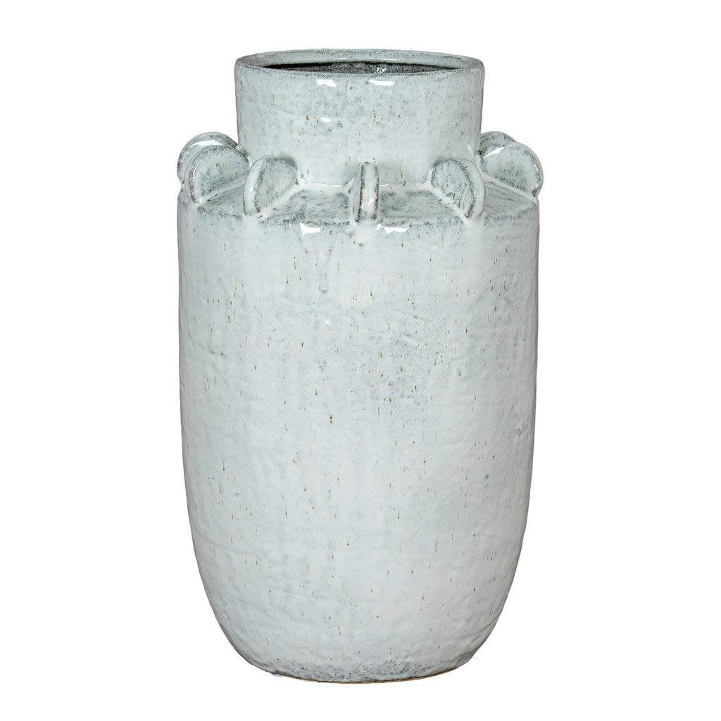 White textured vase with four handles on a white background