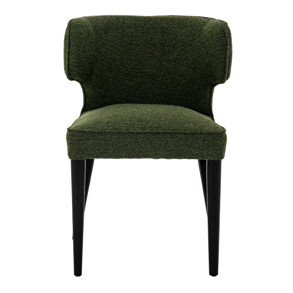 Green upholstered chair with black legs on a white background