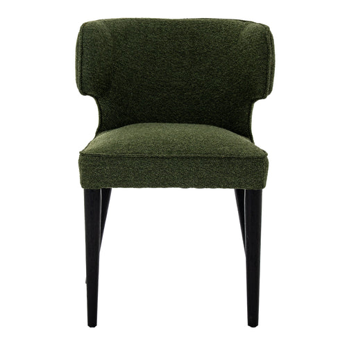 Green upholstered chair with black legs on a white background
