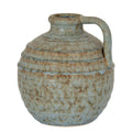 Ceramic jar with a handle on a white background